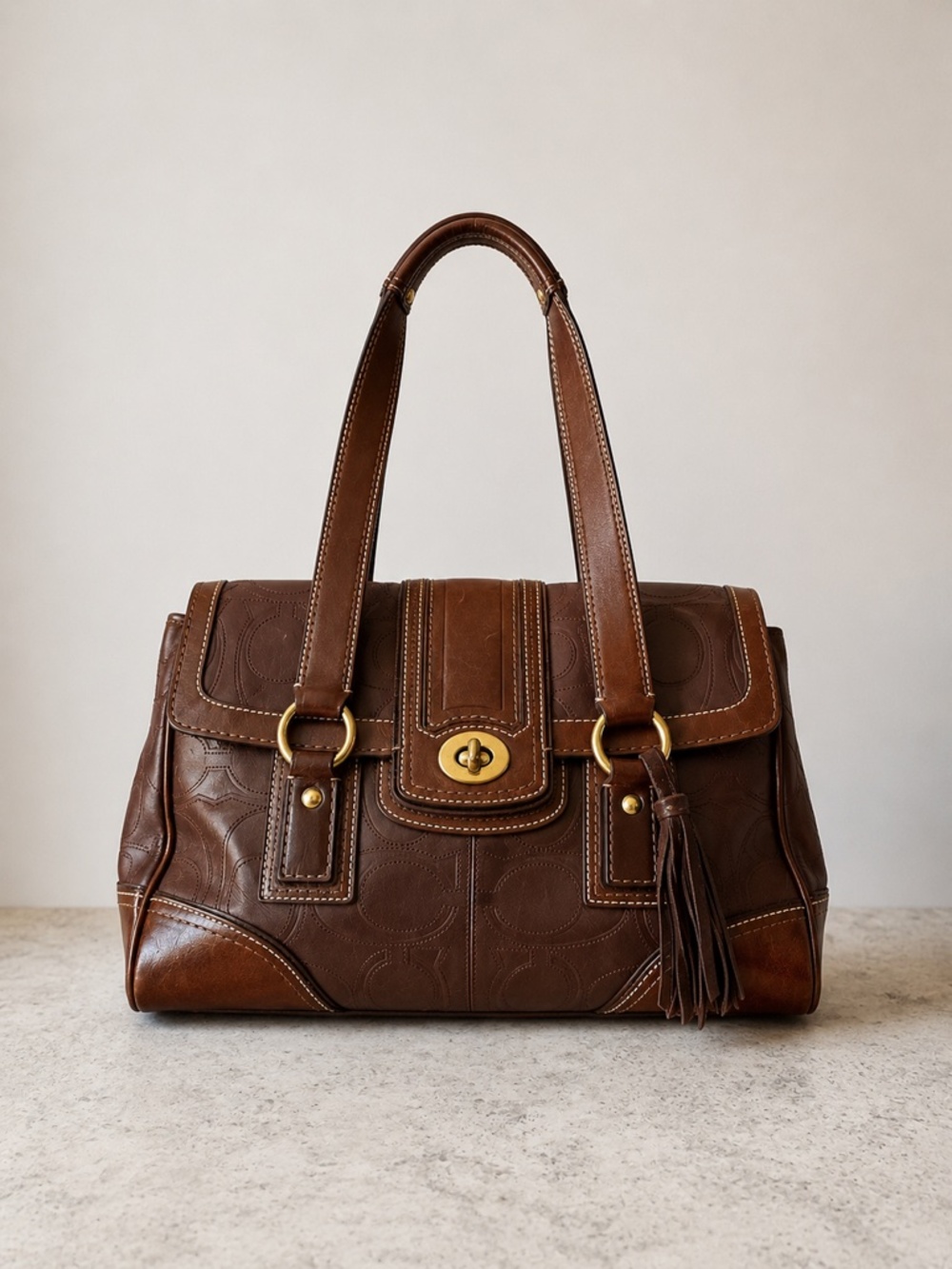 Vintage Coach Brown Leather Signature C Shoulder Bag Turn Lock Tassel